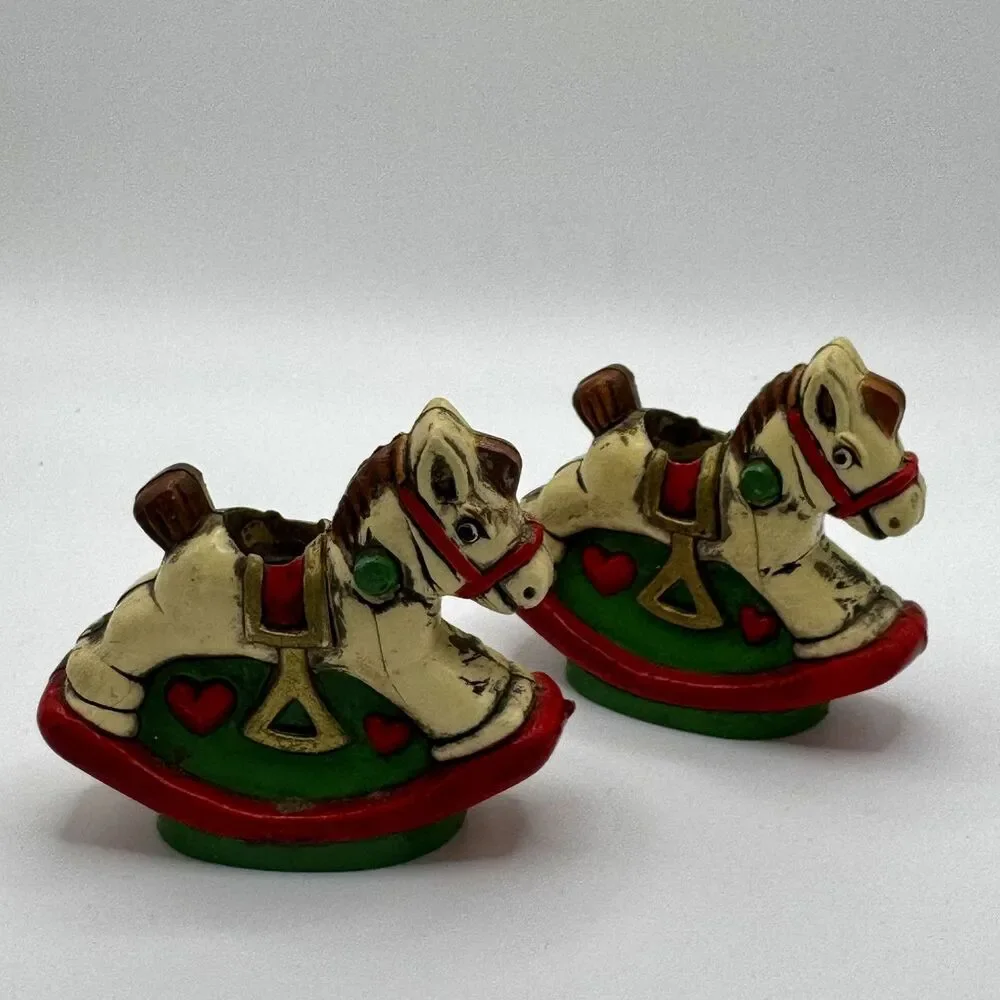Holiday Memories Rocking Horse Mini Candle Holders Set of 2 Vintage Christmas